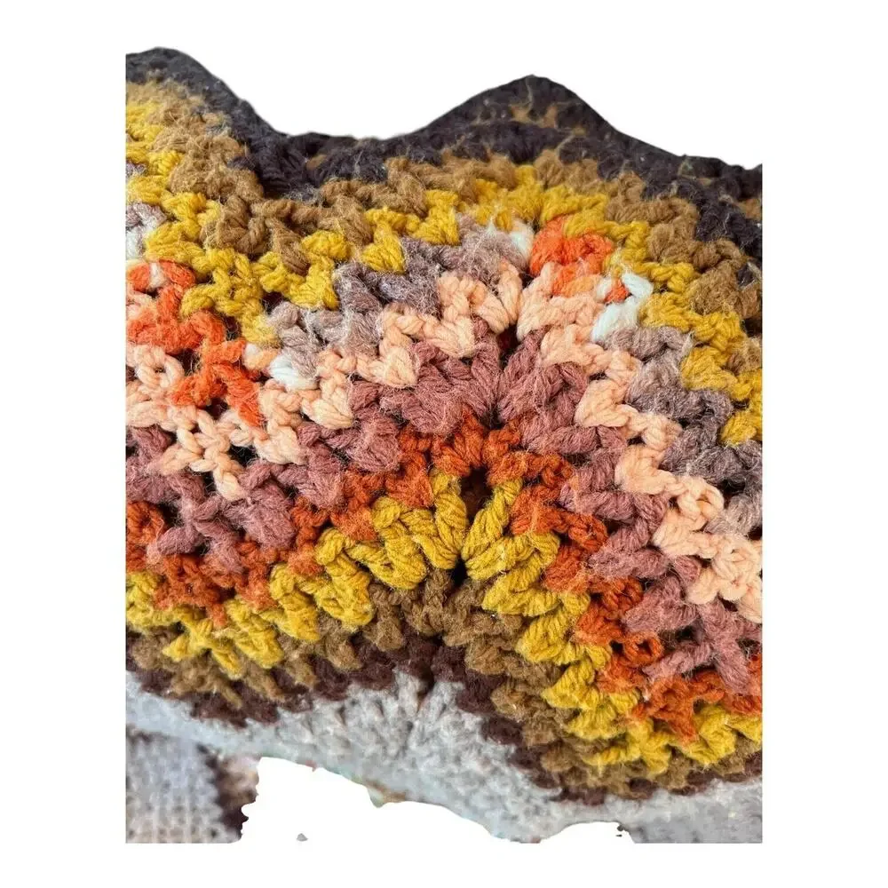 Handmade Afghan Retro Crochet Blanket‎ Chevron Brown Green 70s Style VTG 45